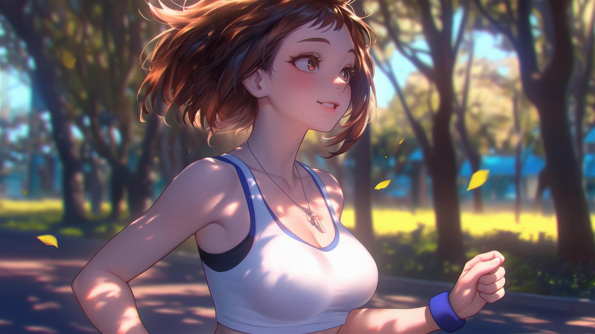Ochaco Uraraka from My Hero Academia running in a park at sunrise.