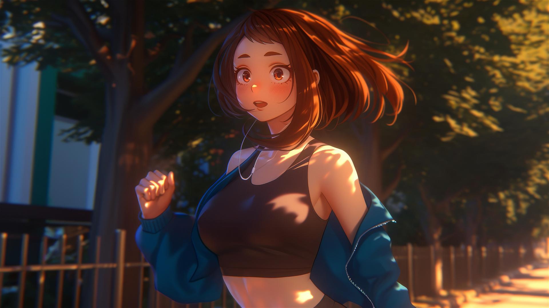 Ochaco Uraraka running in a serene park at sunrise