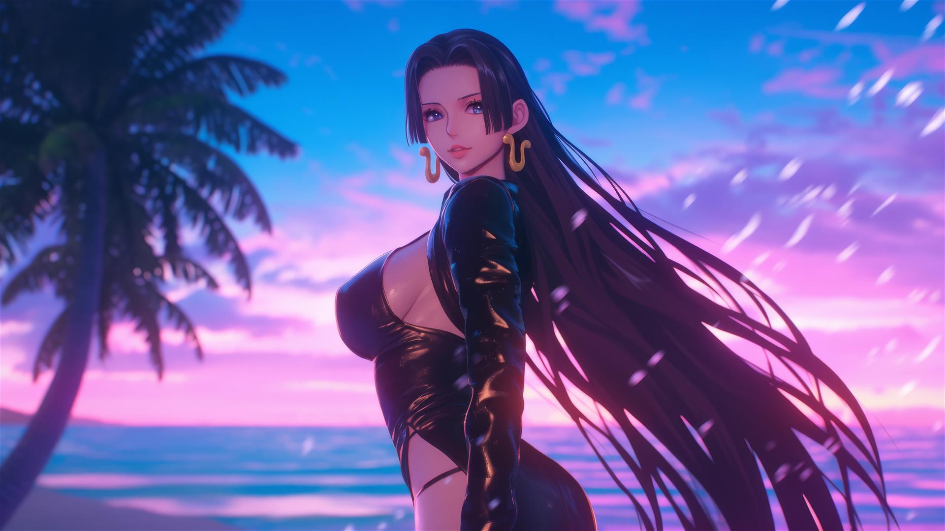 Boa Hancock from One Piece walking on a beach at sunset in a black and pink leather outfit