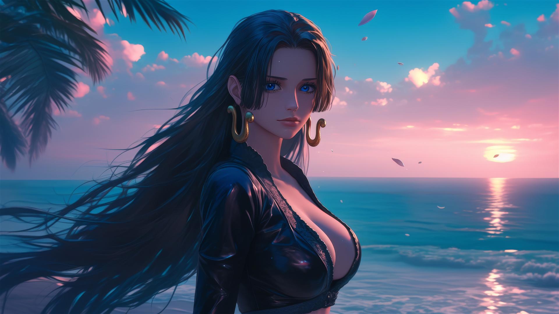 Boa Hancock from One Piece on a sunset beach in a black and pink leather outfit.