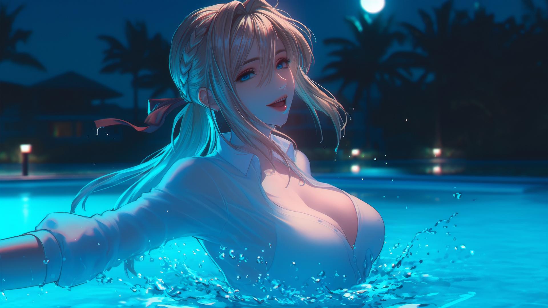 Violet Evergarden jumping out of a swimming pool under moonlight