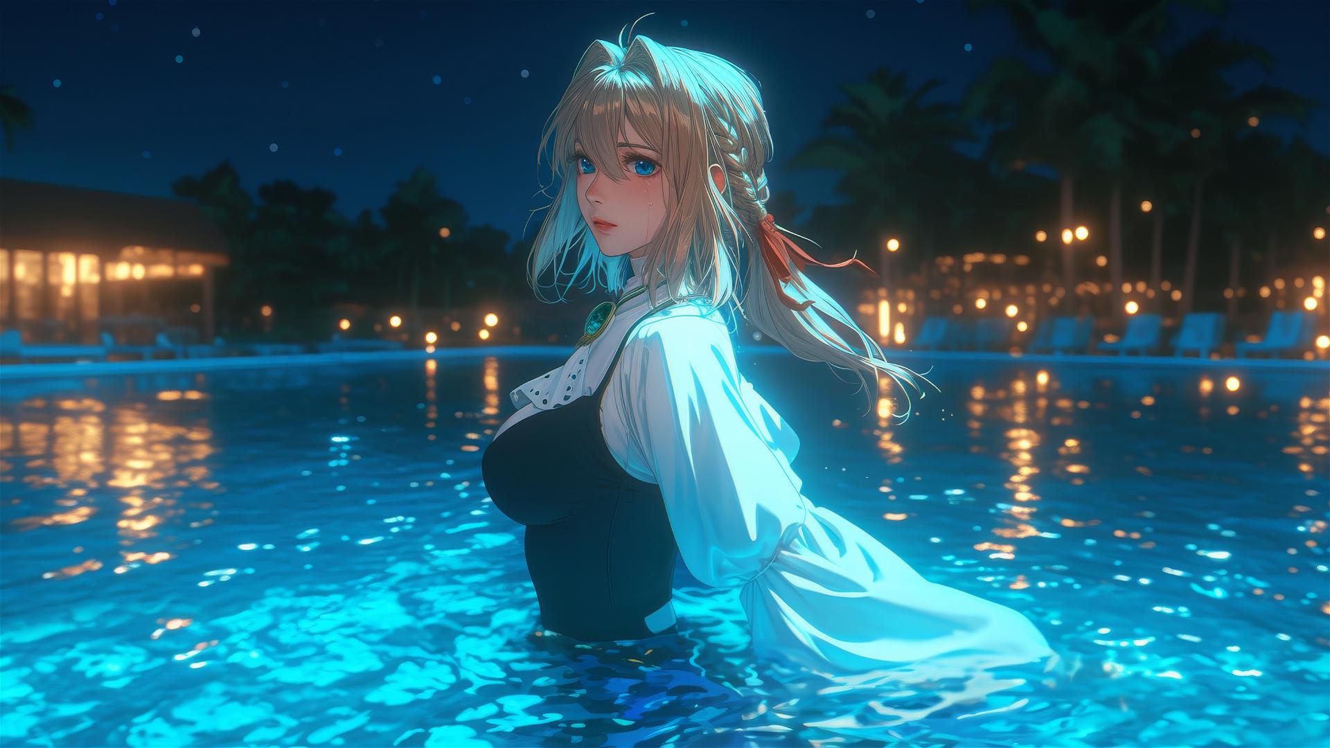 Violet Evergarden emerging from a pool under moonlight