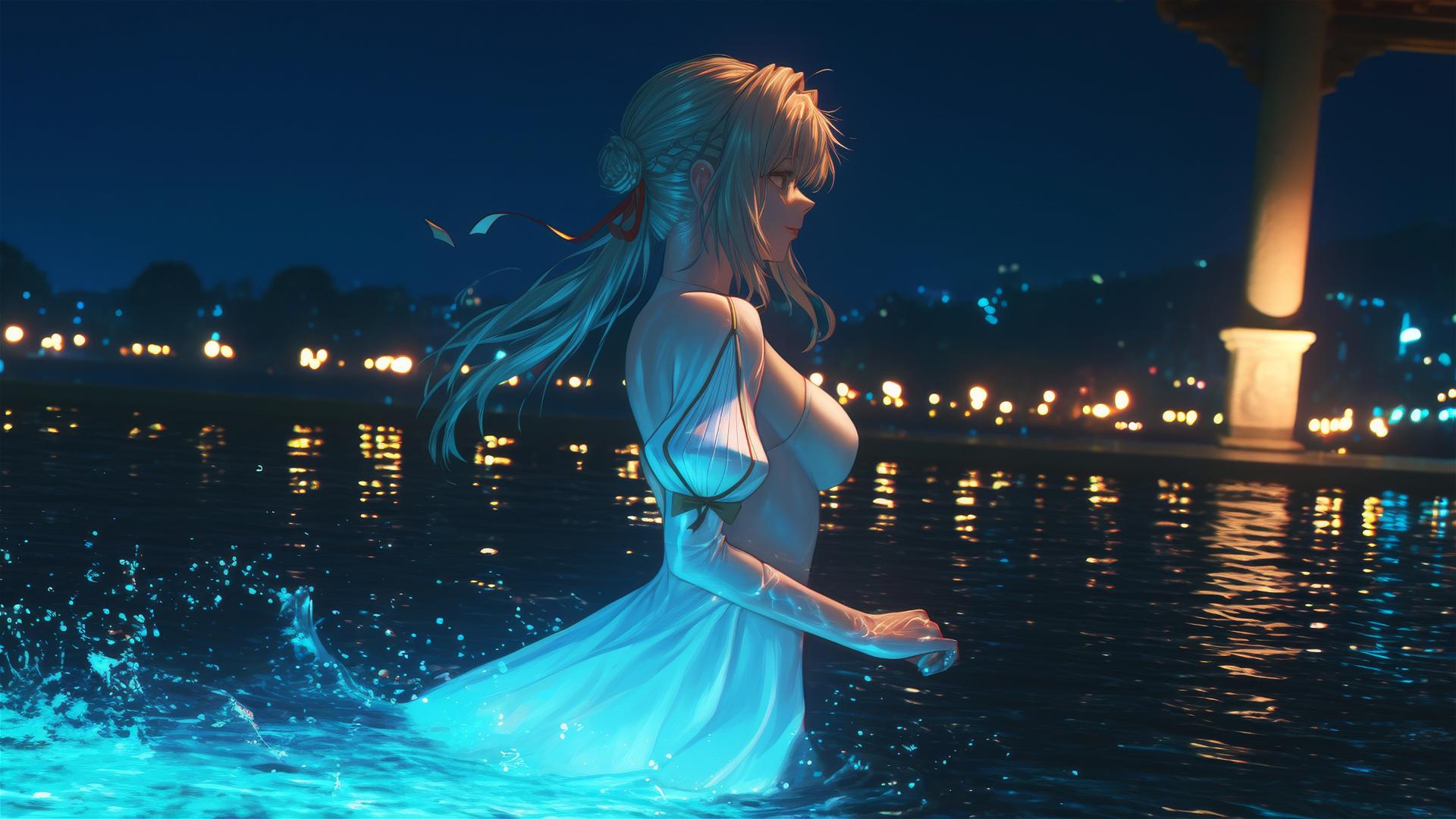 Violet Evergarden jumping out of a swimming pool under moonlight.