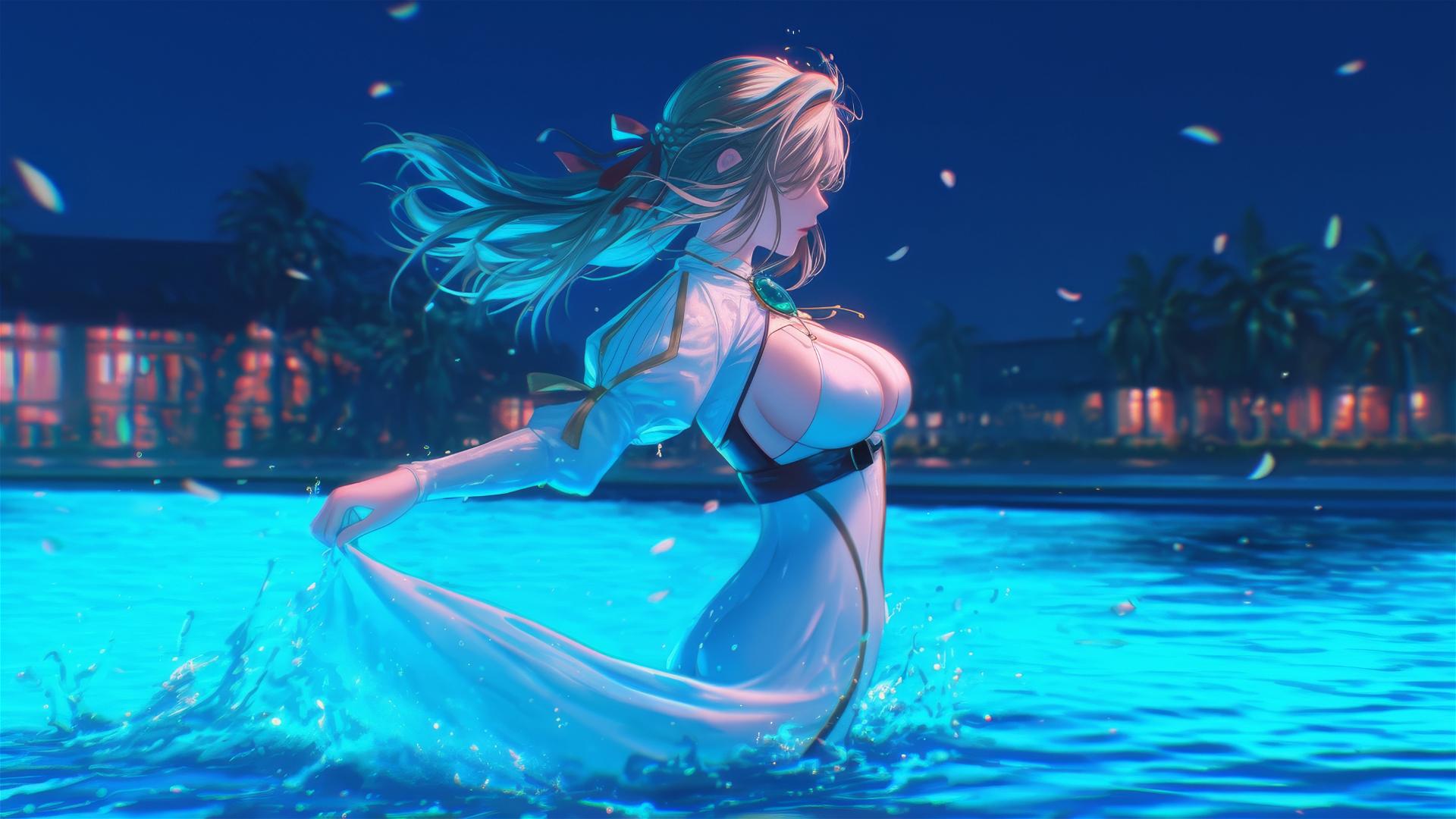 Violet Evergarden leaping from a pool under moonlight