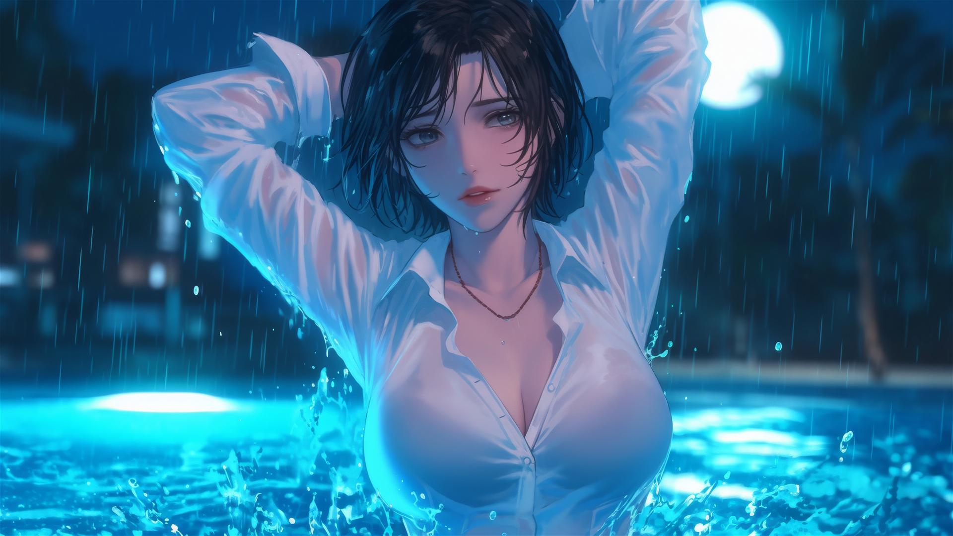 Mikasa Ackerman from Attack on Titan, in white office shirt, jumping out of a rainy pool with moonlight glow