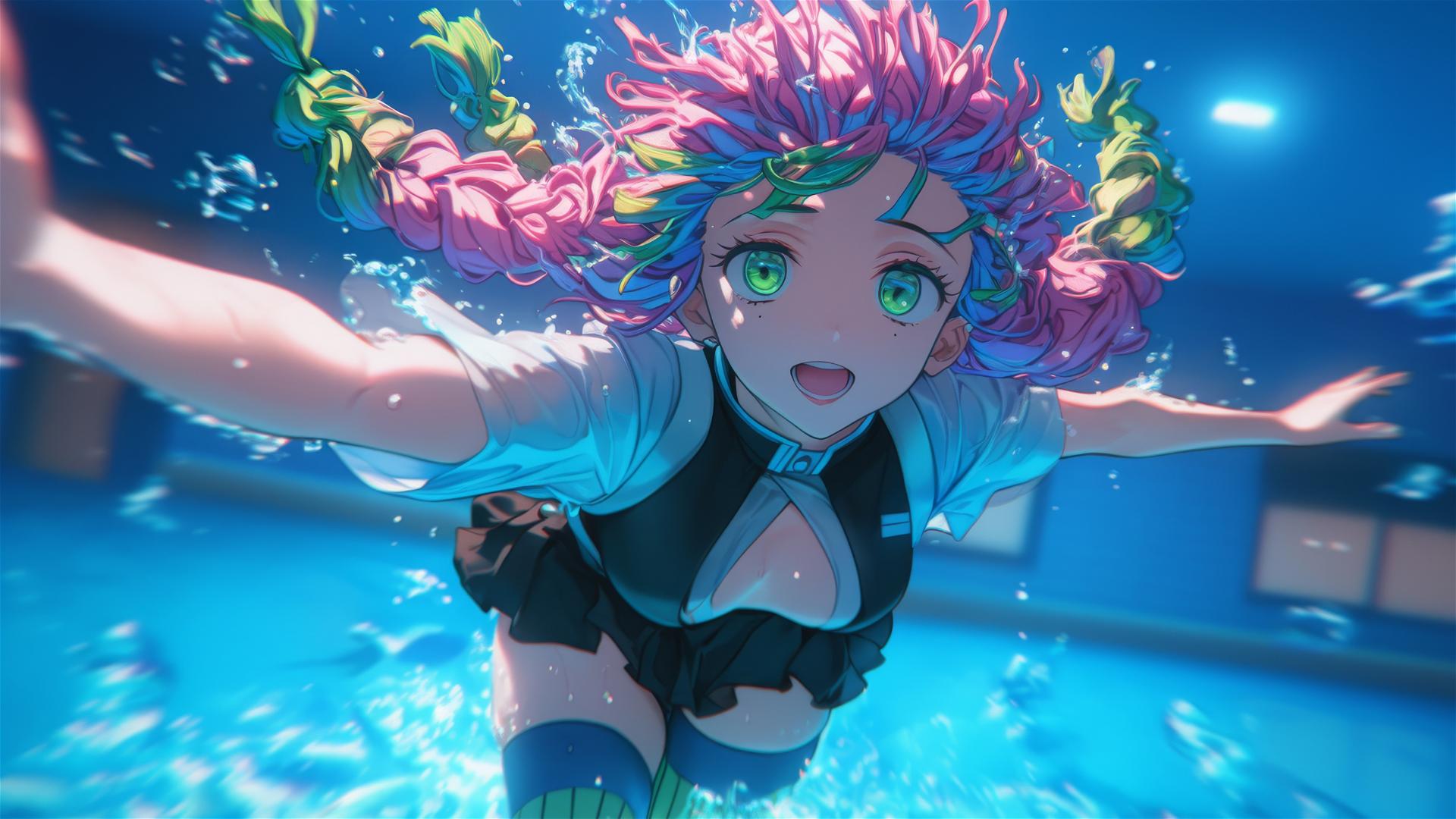 Mitsuri Kanroji from Demon Slayer jumping out of a swimming pool at night, moonlight glow.
