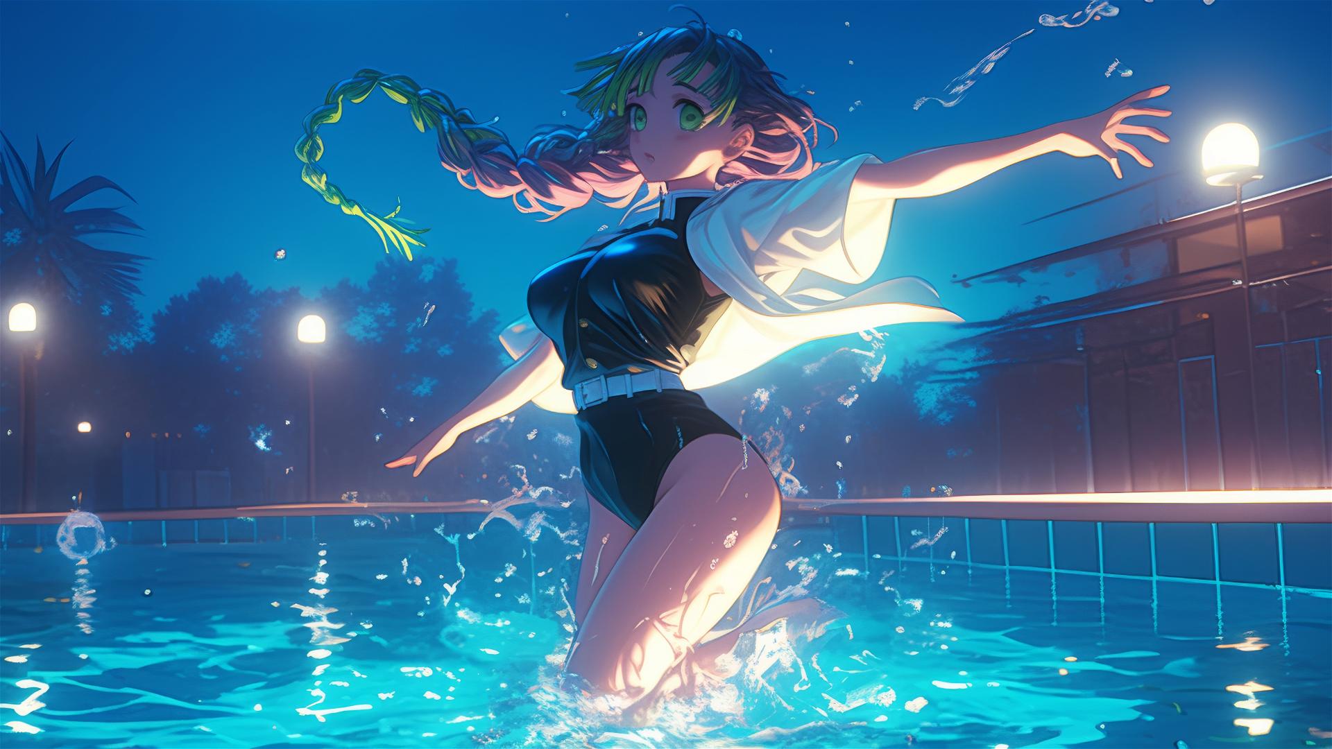 Mitsuri Kanroji in moonlight by a pool with pink to green hair