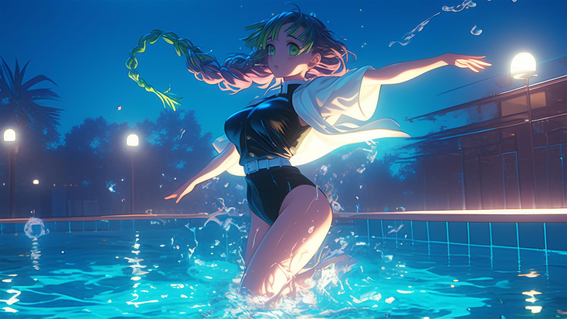Mitsuri Kanroji from Demon Slayer jumping out of a swimming pool, illuminated by moonlight.