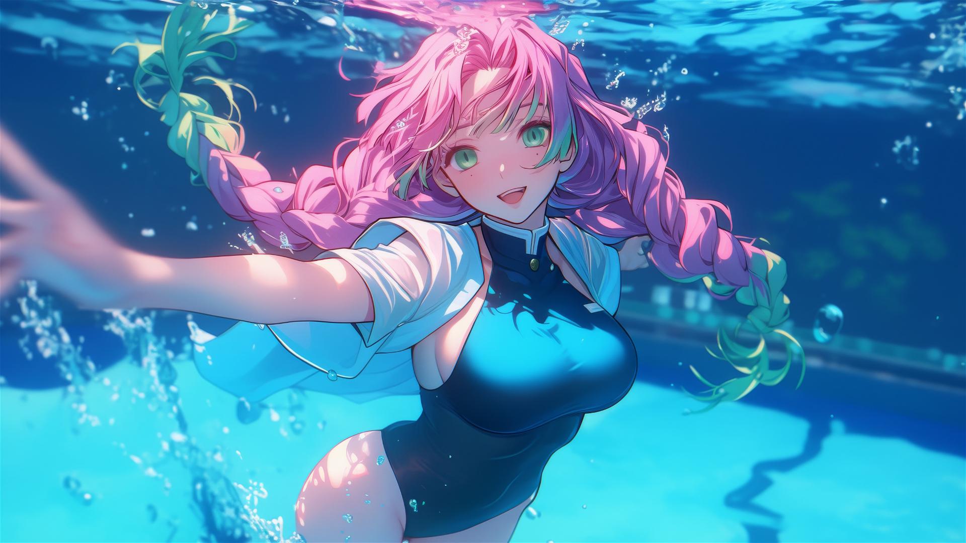 Mitsuri Kanroji from Demon Slayer jumps out of a swimming pool under moonlight.