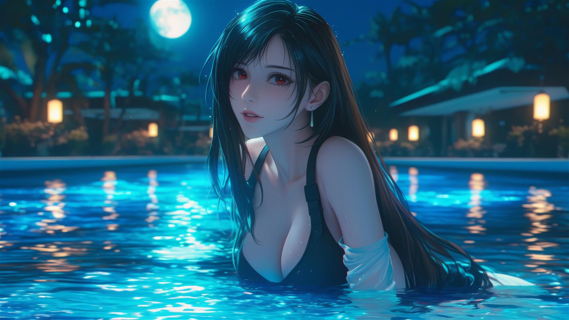 Tifa Lockhart from Final Fantasy resting by the swimming pool under moonlight.