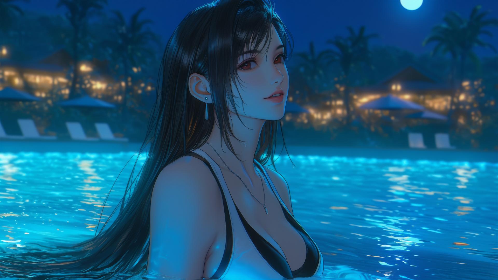 Tifa Lockhart resting by the swimming pool under moonlight.