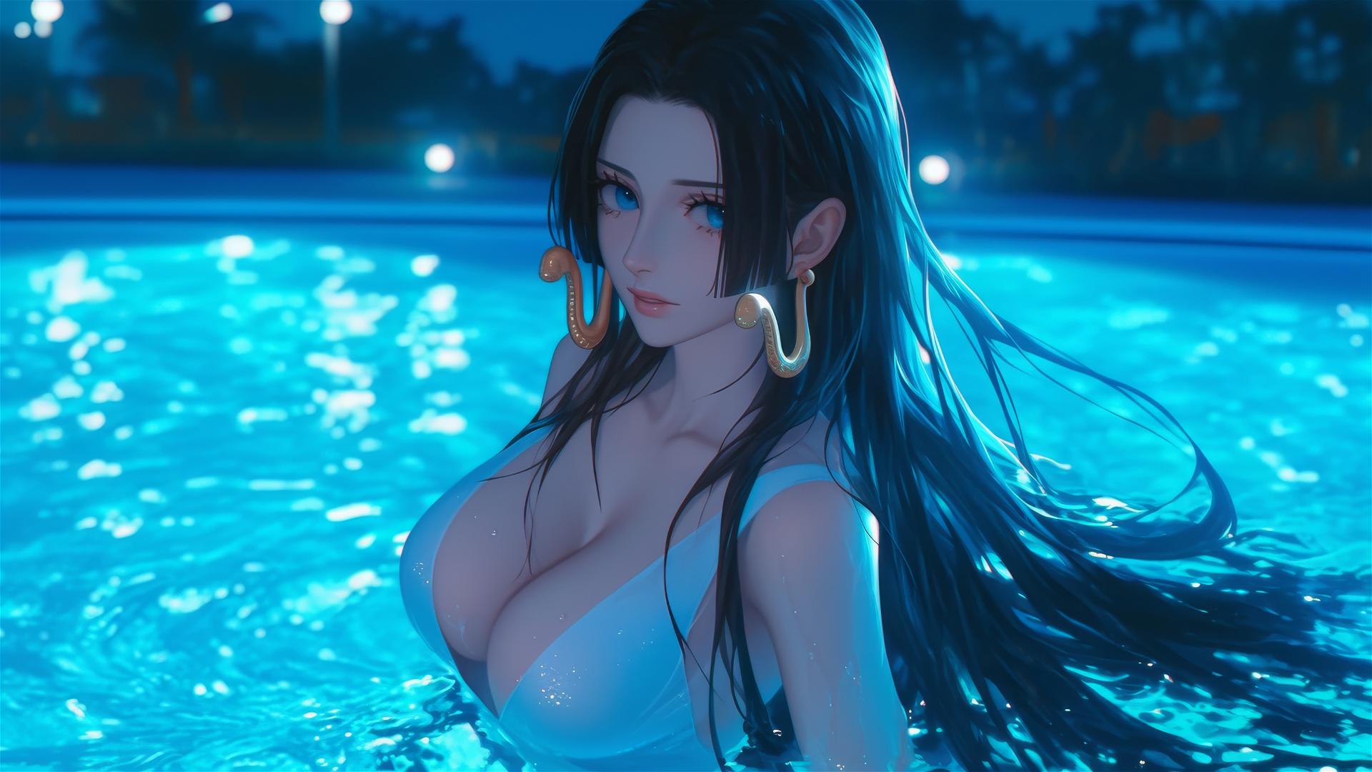 Boa Hancock from One Piece leaps from a pool under moonlight