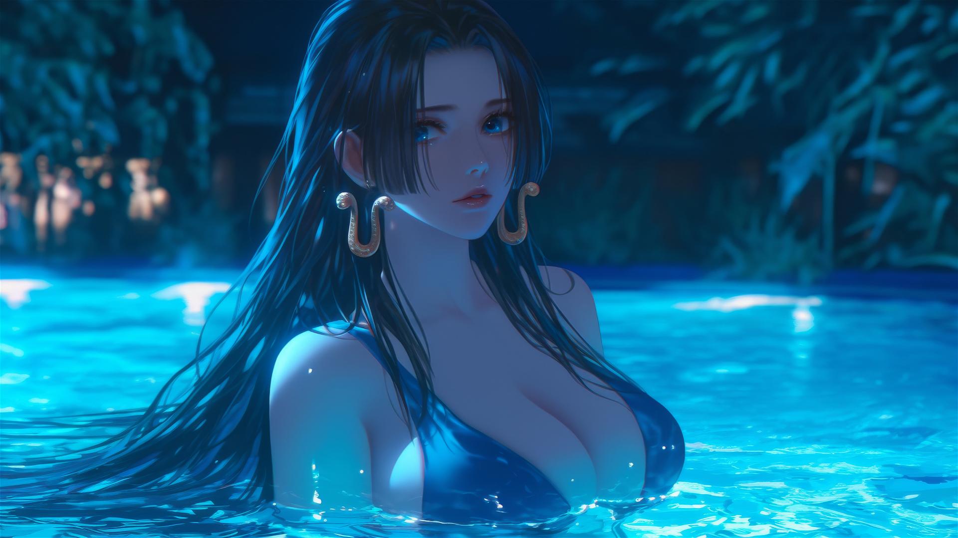 Boa Hancock from One Piece jumping out of a swimming pool under moonlight.