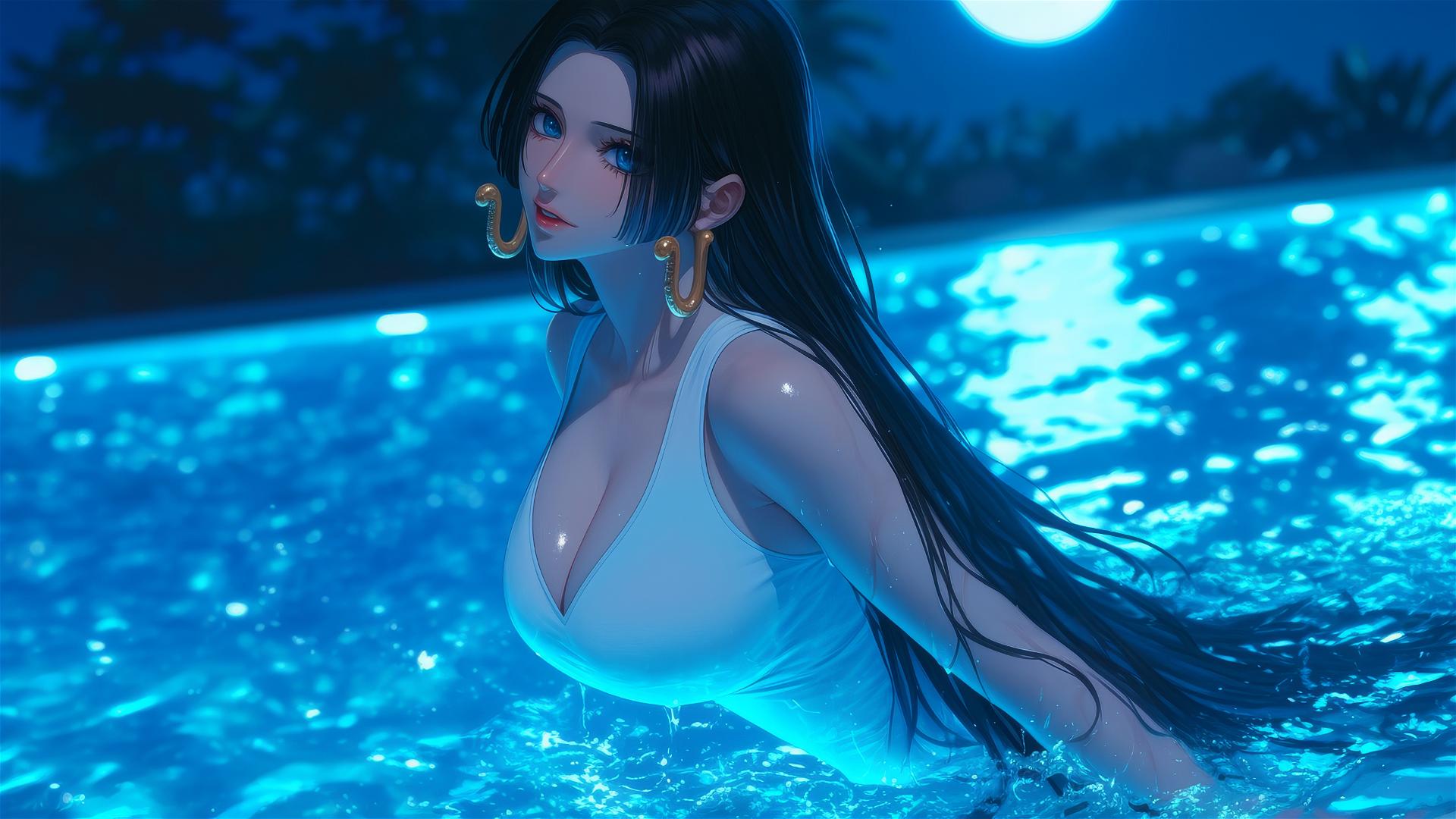 Boa Hancock from One Piece jumps high out of a swimming pool under moonlight.