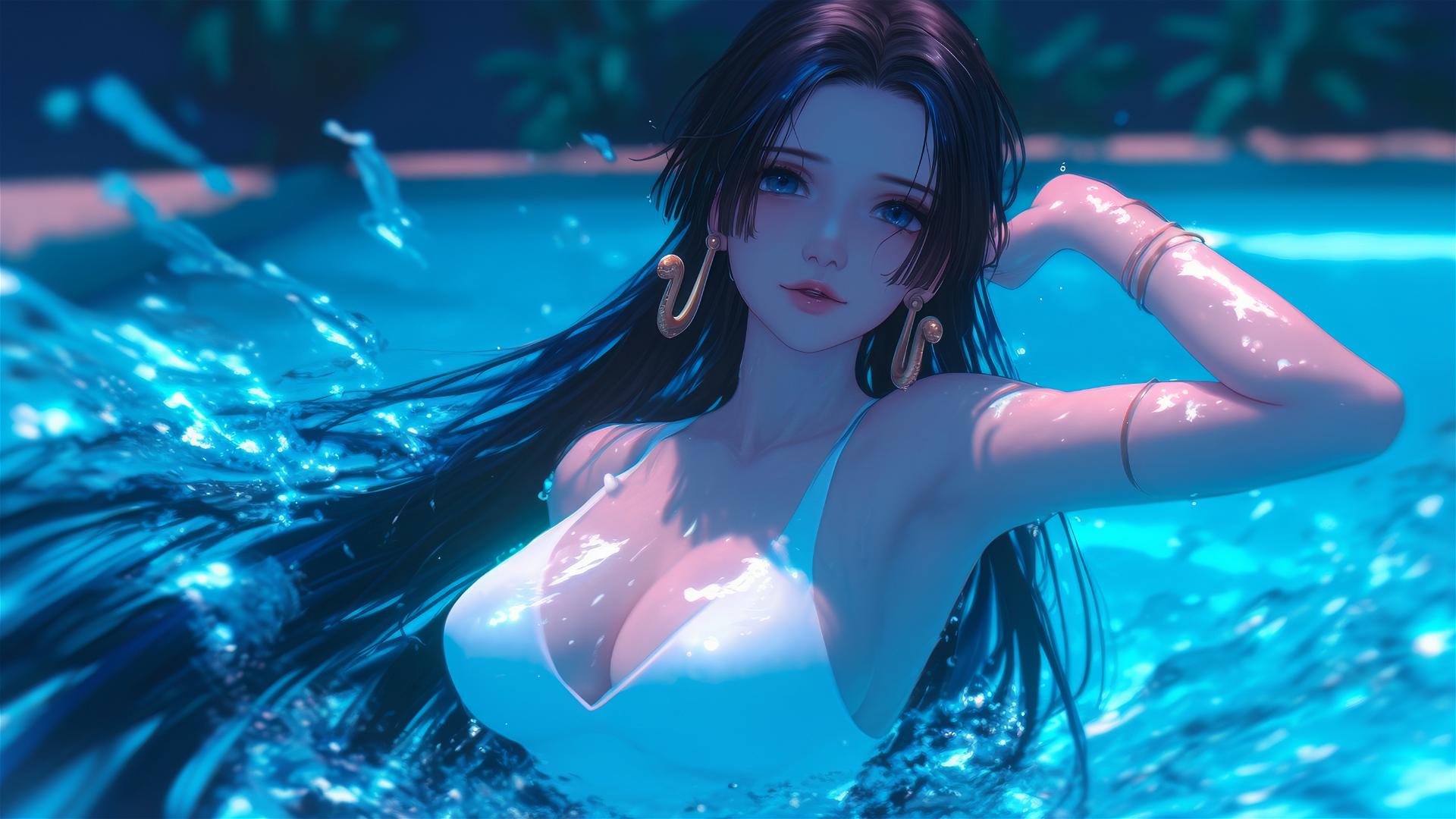 Boa Hancock from One Piece jumps out of a swimming pool with moonlight glowing around her.