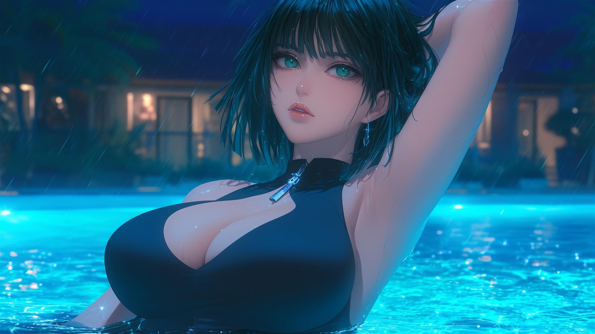 Fubuki from One Punch Man resting by a rainy swimming pool under moonlight.