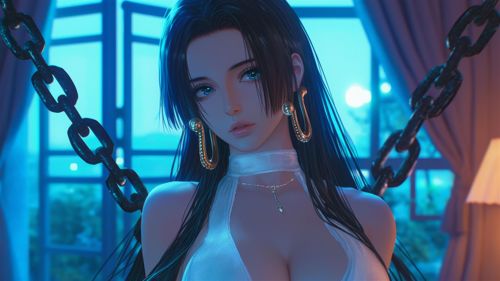 Boa Hancock from One Piece, neck locked with thick iron chains, in a neon-lit modern hotel room.