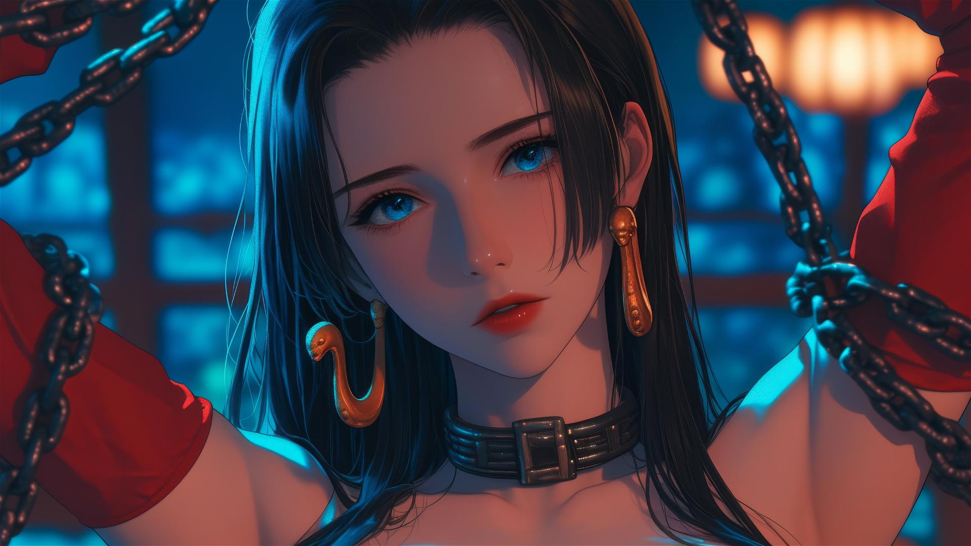 Boa Hancock in modern hotel room with thick iron chains and warm neon light