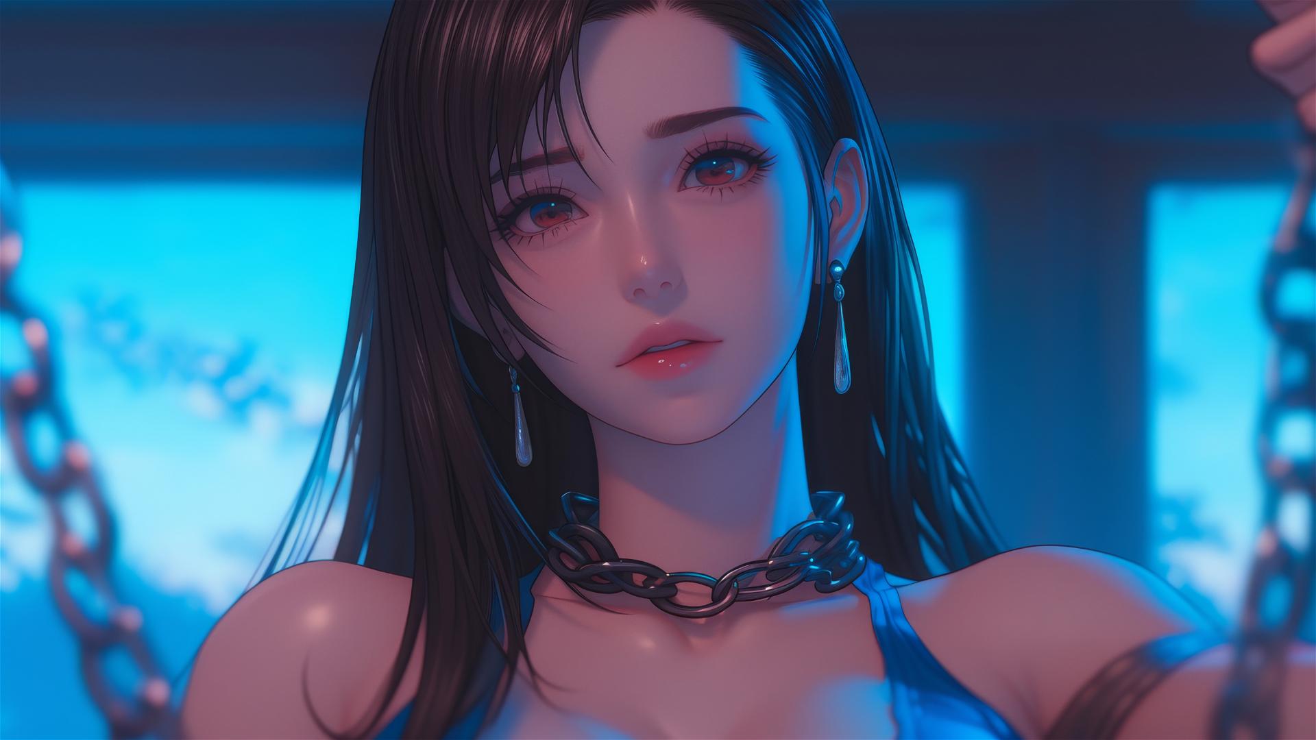 High angle of Tifa Lockhart with iron chains around her neck in a modern hotel room