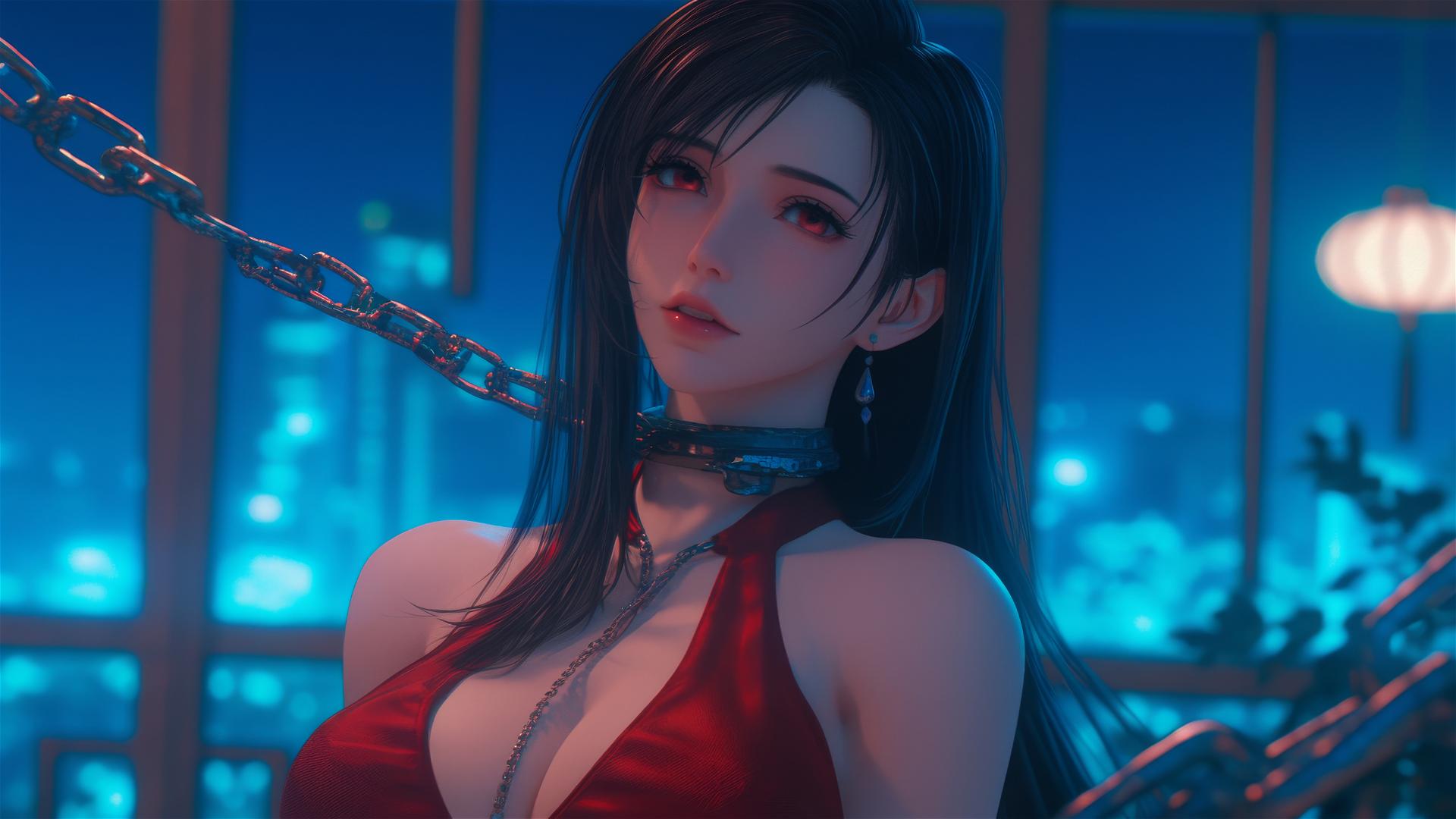 High angle of Tifa Lockhart in red, neck locked with iron chains, in warm-lit modern room.