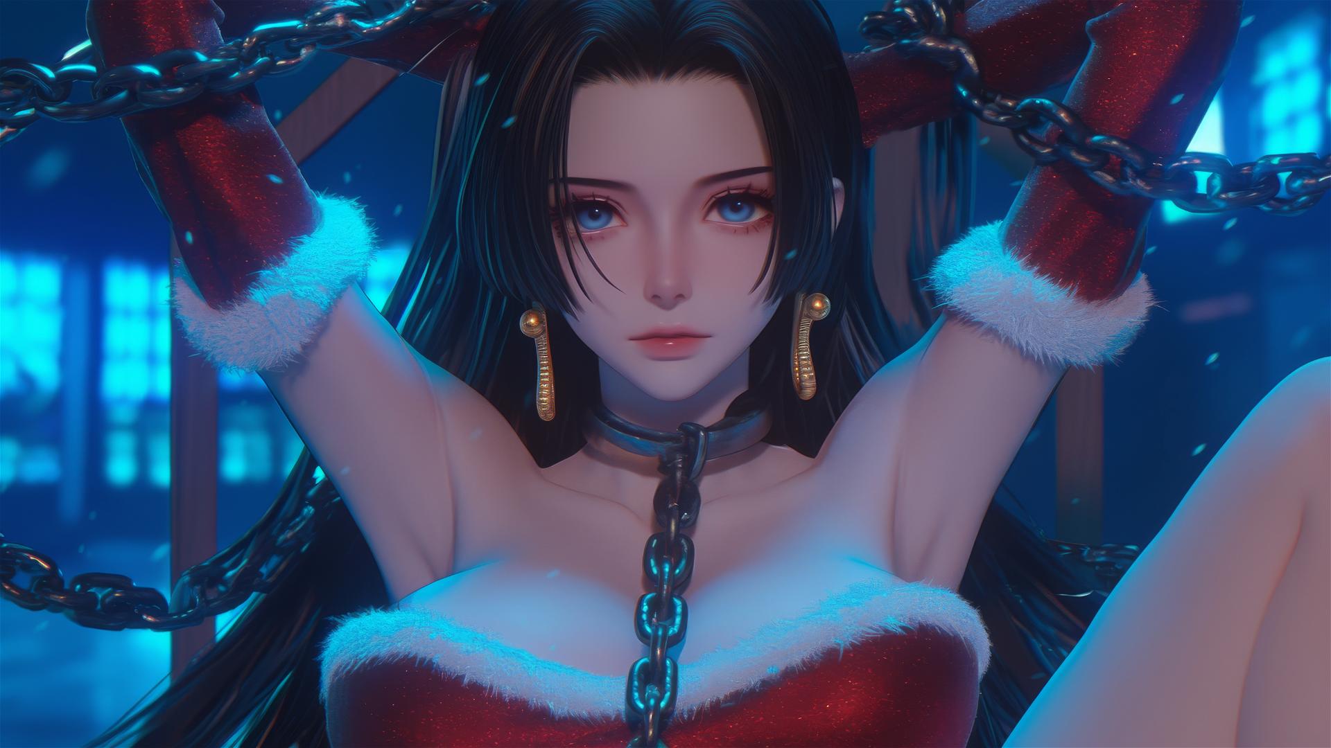 Boa Hancock in Christmas costume, bound in chains, in neon-lit hotel room