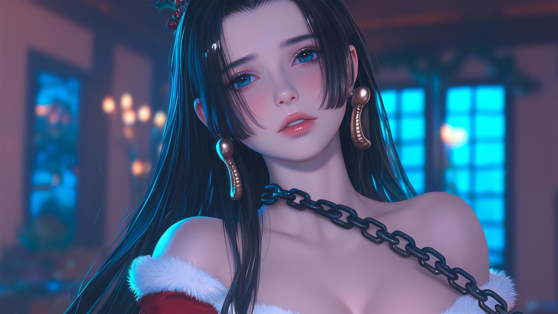 Boa Hancock in a Christmas costume, chained, in a neon-lit hotel room with pink background
