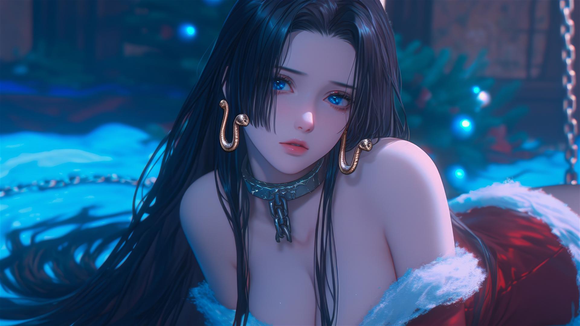 Boa Hancock in Christmas costume, chained in neon-lit hotel room