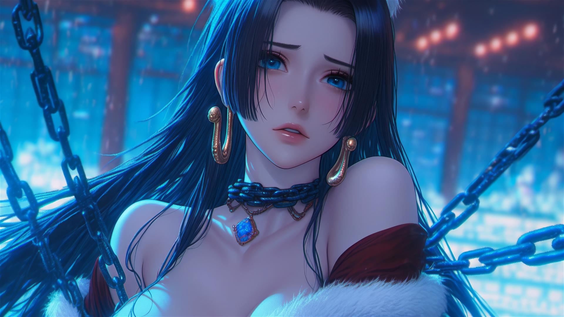 Boa Hancock in Christmas costume, chained, in modern hotel with neon lights.