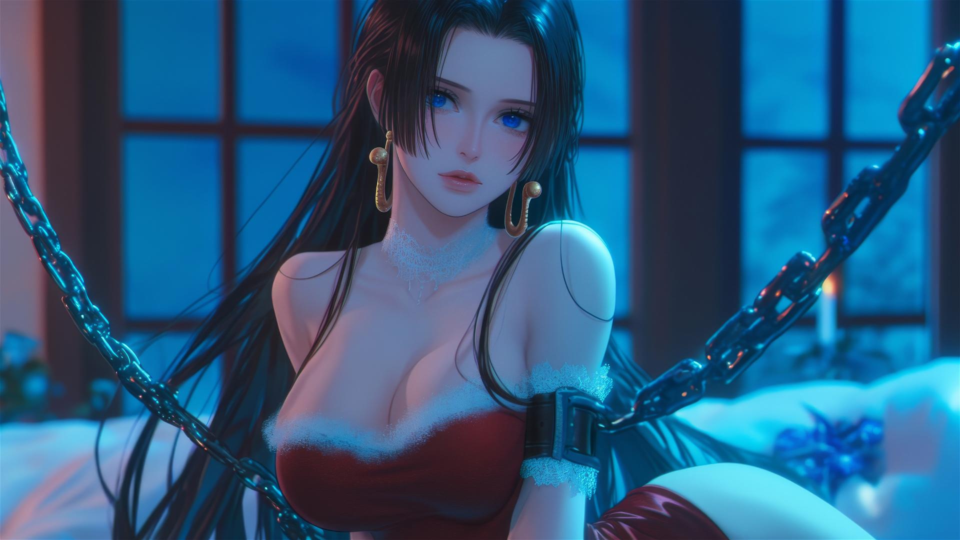 Boa Hancock, a One Piece character, in a Christmas outfit, chained in a neon-lit hotel room
