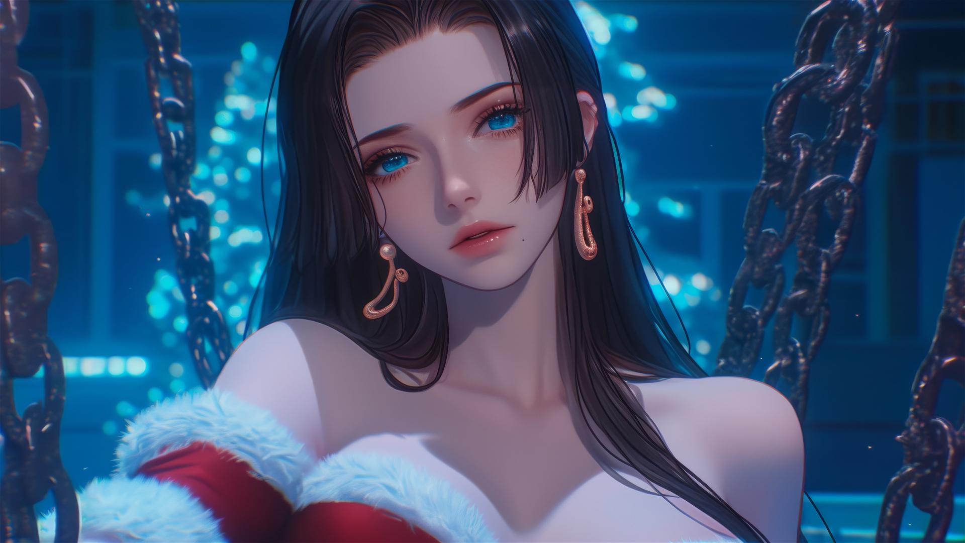 Boa Hancock from One Piece in a Christmas costume, chained in a neon-lit hotel room.