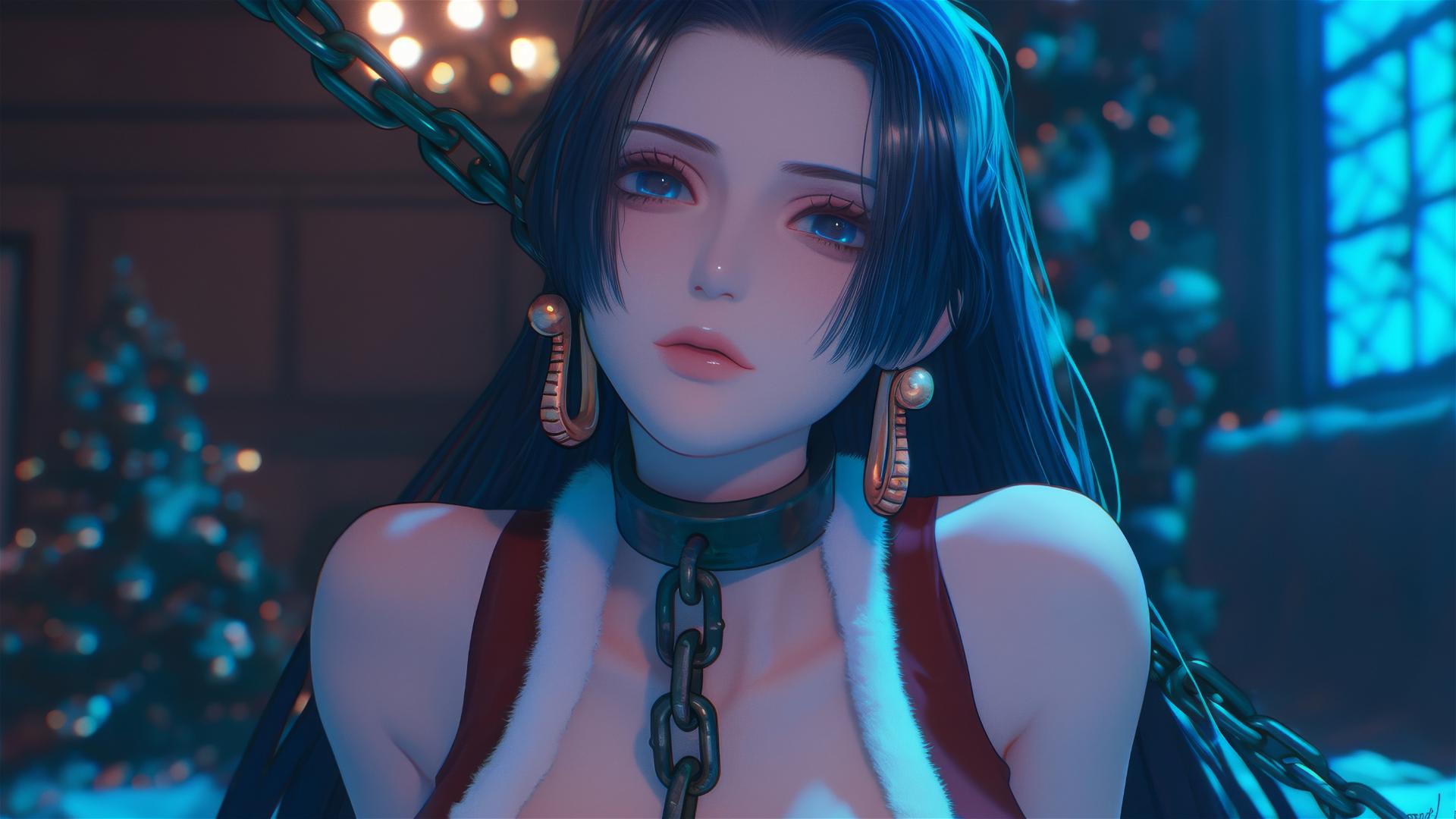 Boa Hancock in Christmas costume with chains in neon-lit hotel room