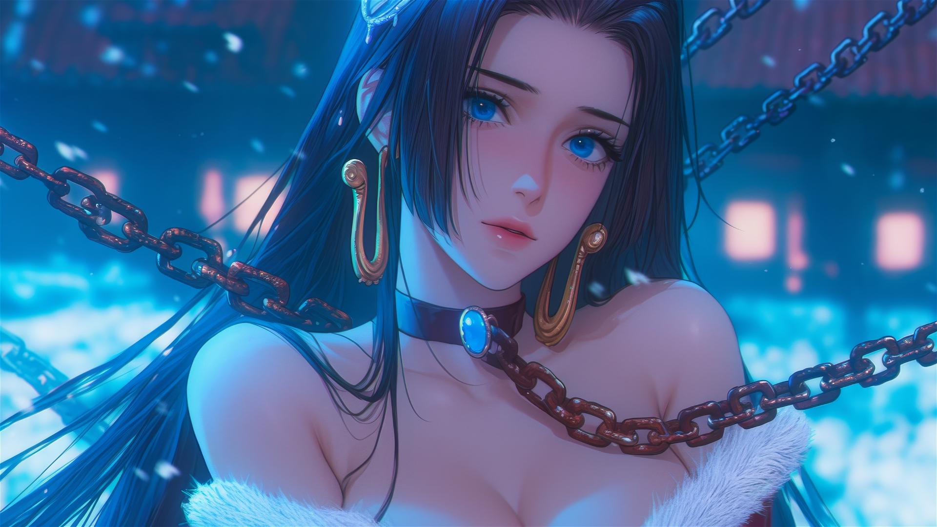 Boa Hancock in Christmas attire, chained in a neon-lit hotel room