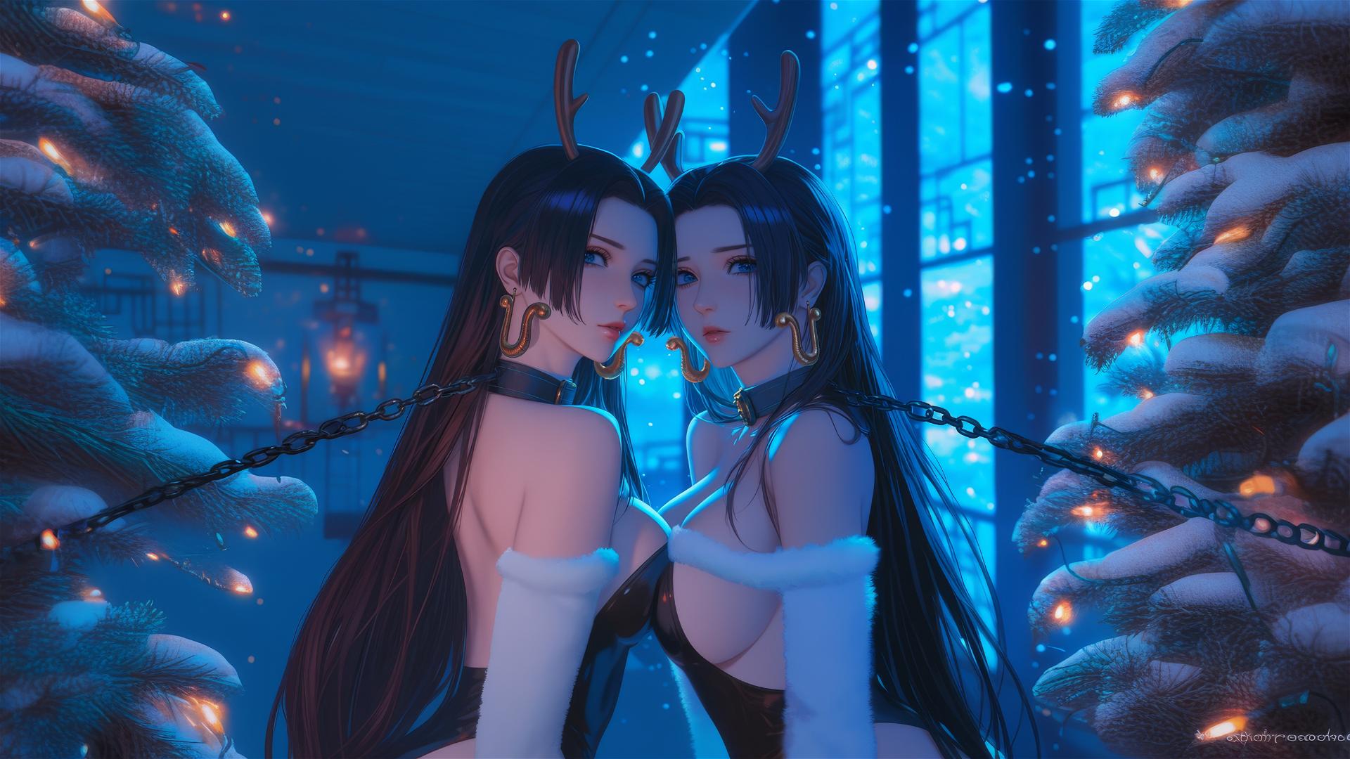 Boa Hancock in Christmas attire, chained in modern hotel, neon-lit