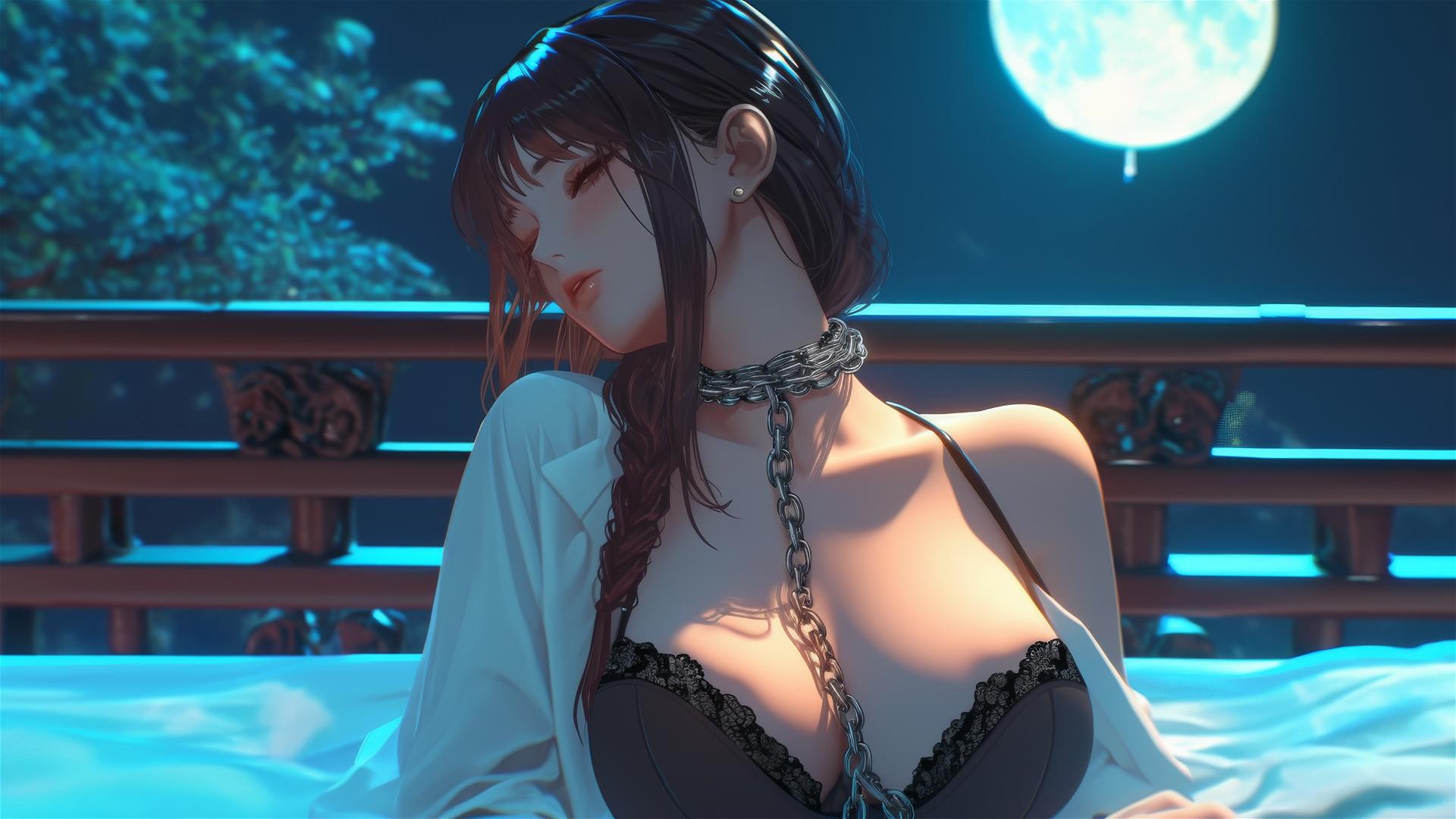 Makima from Chainsaw Man, neck locked with thick iron chains, resting in modern hotel room, moonlight glow