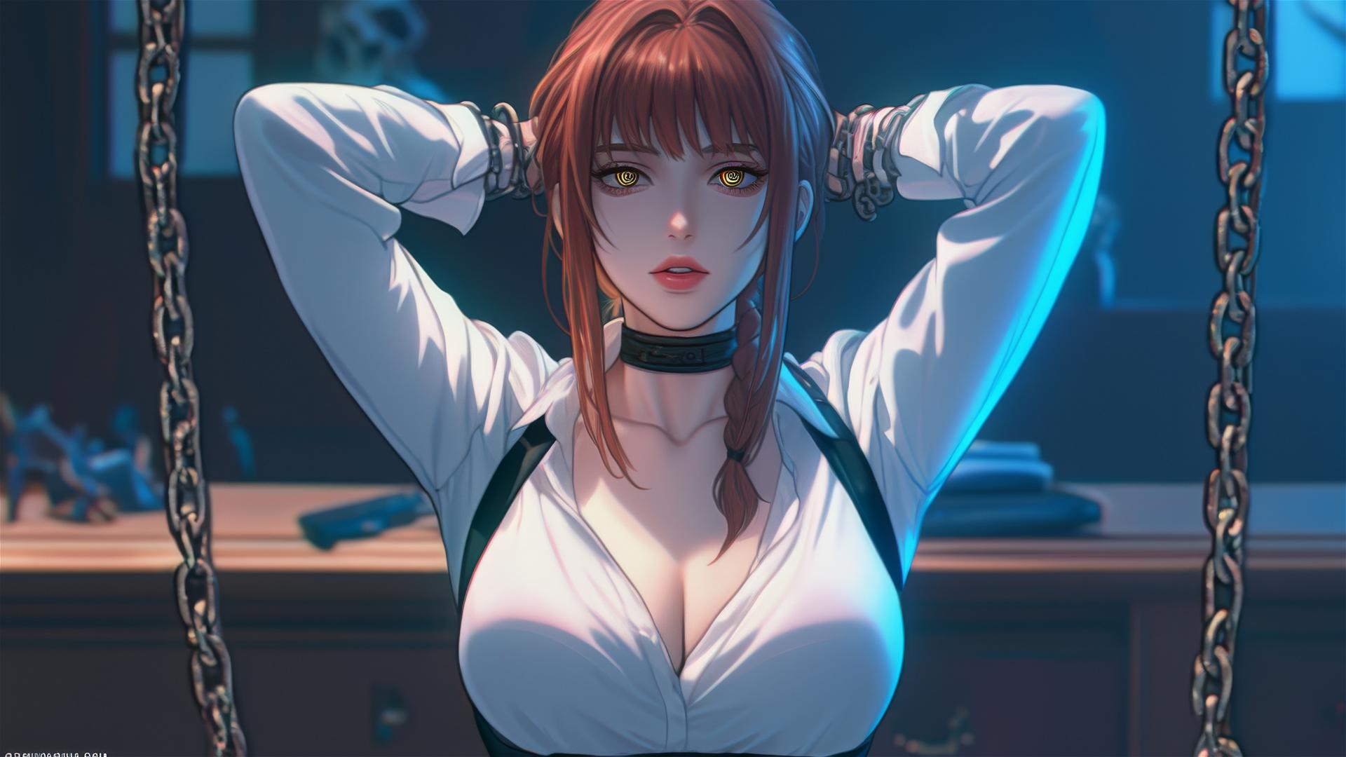 Makima from Chainsaw Man locked in chains in a dim basement