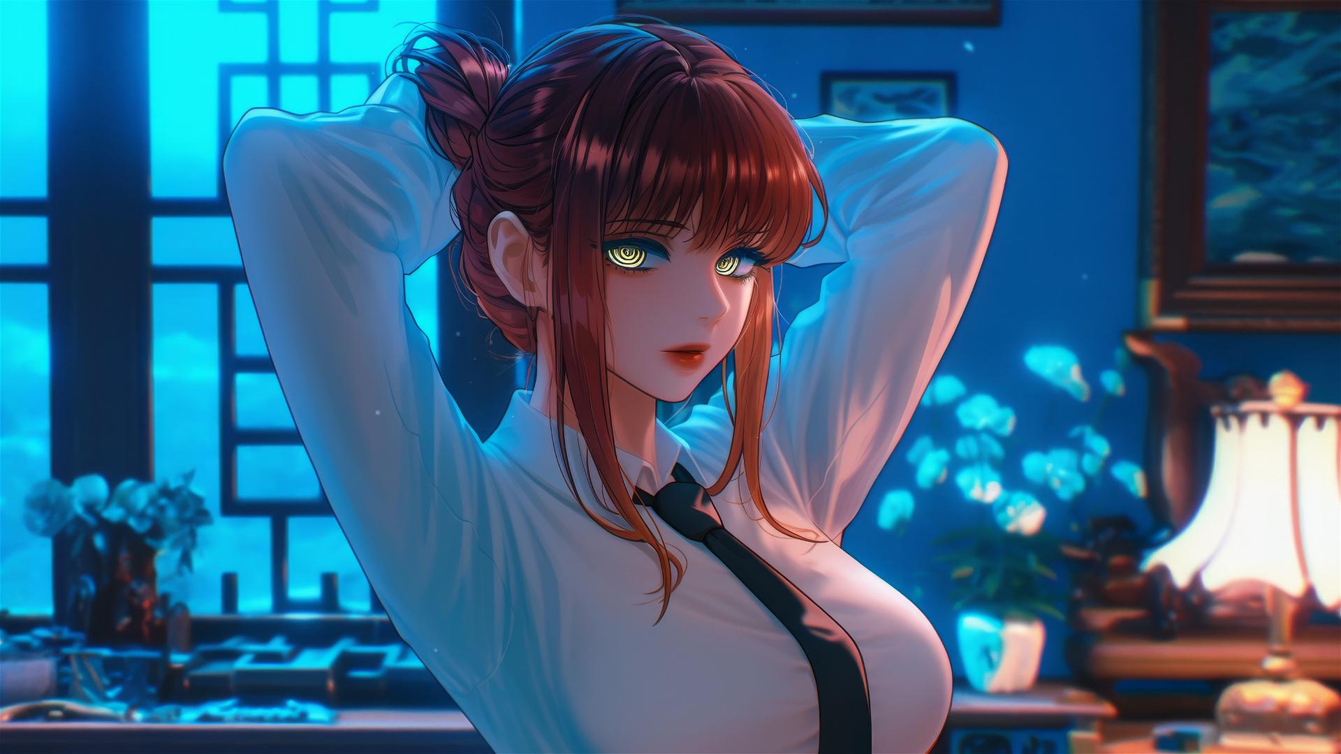 Makima, Chainsaw Man, posed in moonlit room