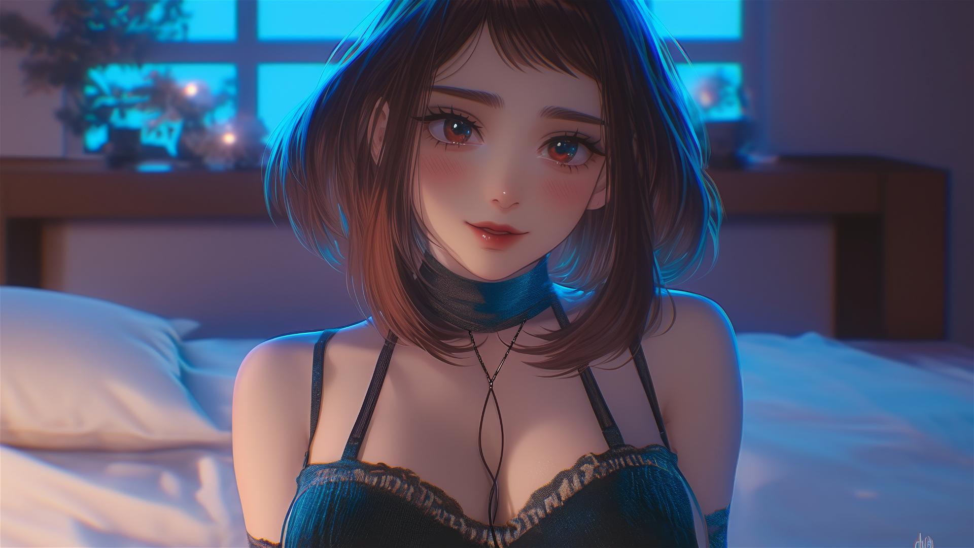 Ochaco Uraraka in a modern hotel room with neon light, auburn hair and eyes