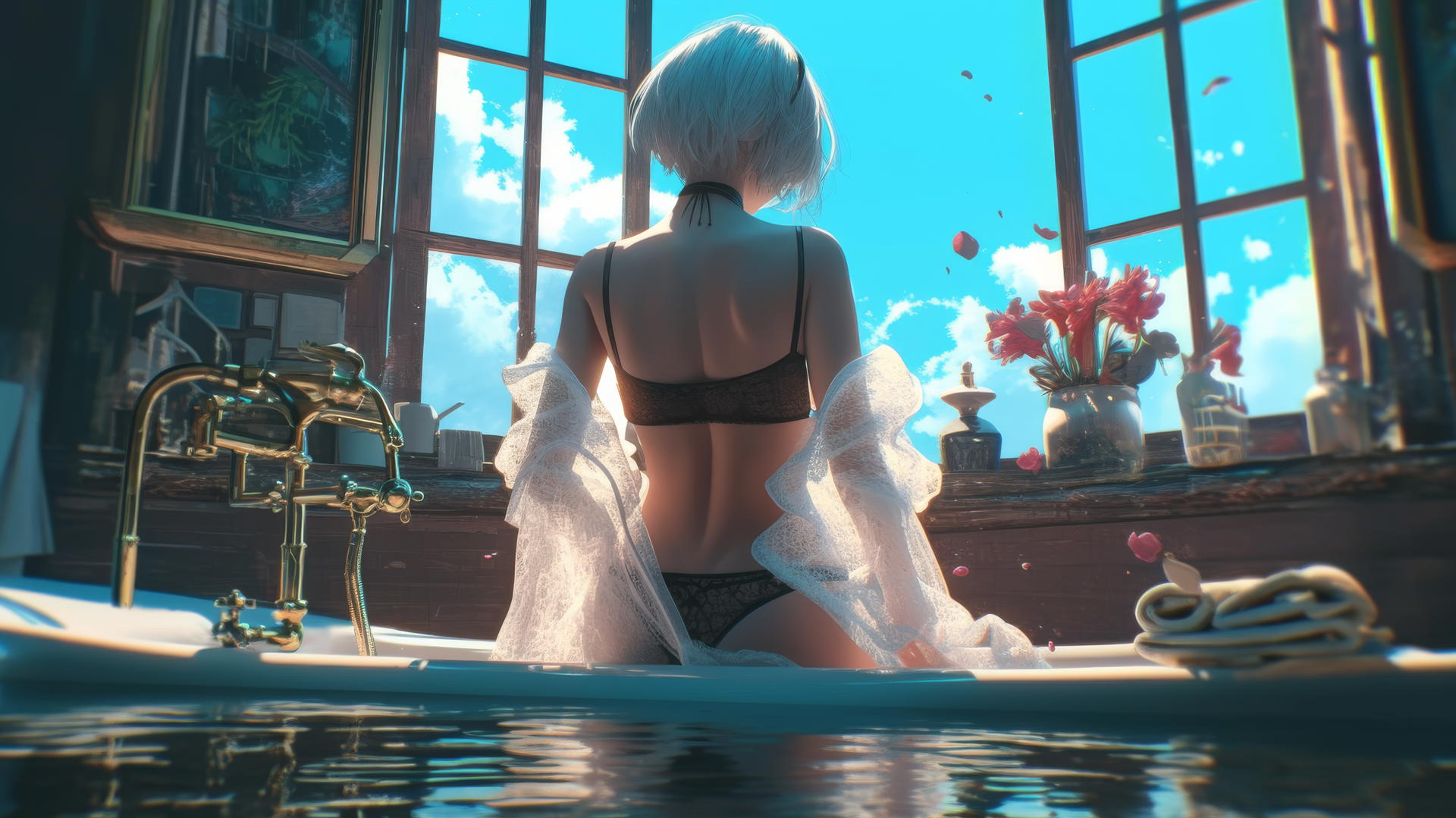 2B from Nier stands in a modern apartment near a tub, illuminated by warm light.