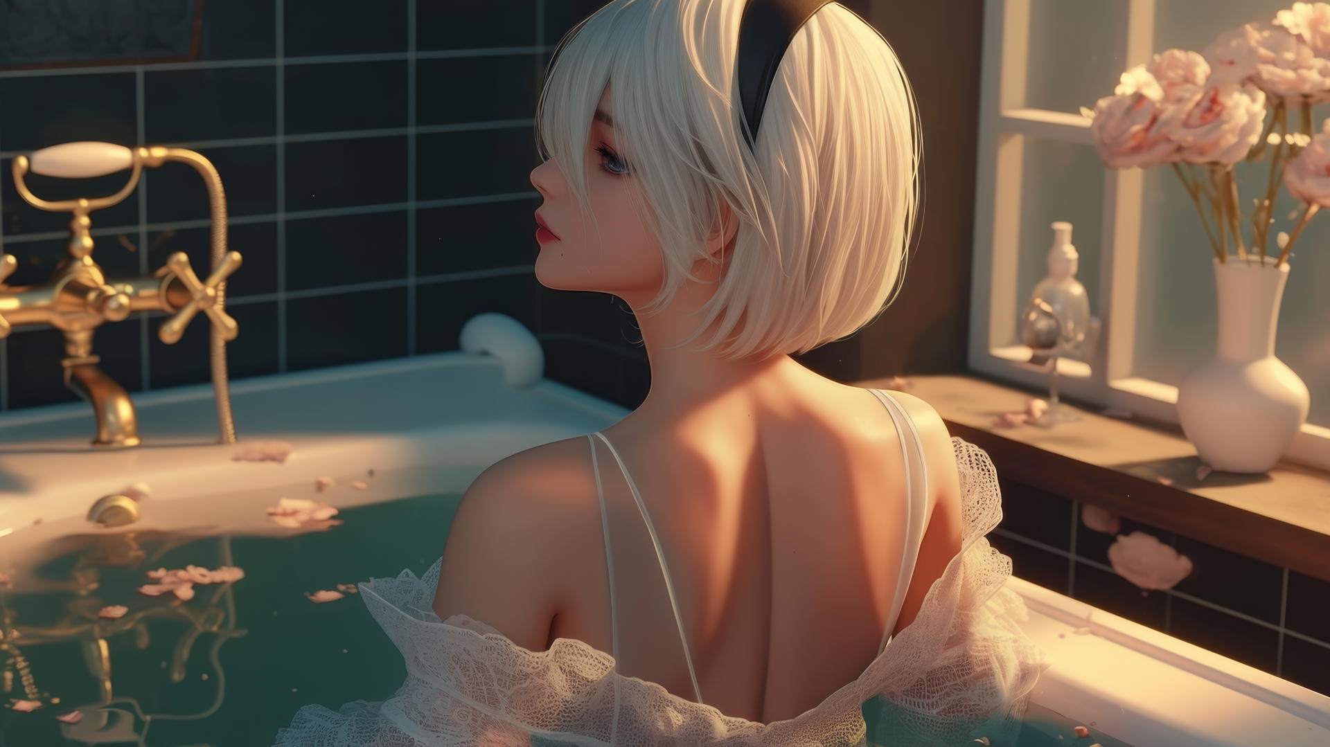 2B from Nier in a modern apartment, warm light on her figure
