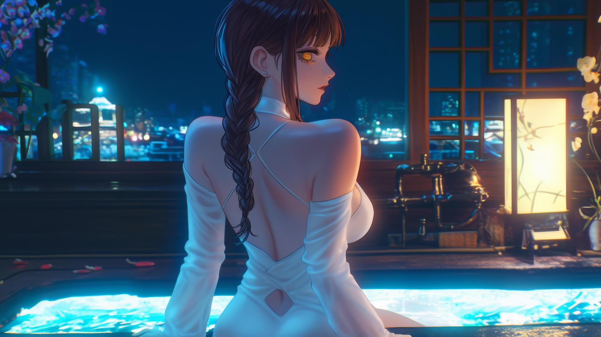 Makima from Chainsaw Man viewed from behind in a modern apartment, wearing white, soft warm light.