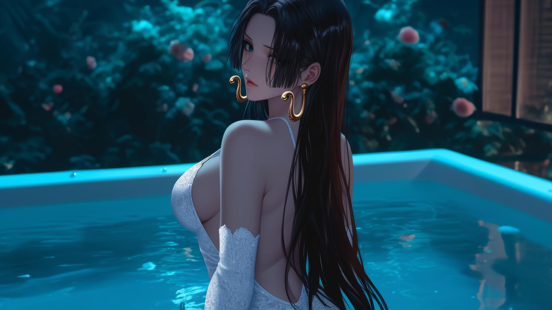 Boa Hancock from One Piece, in white, near a tub in a modern apartment at sunrise.