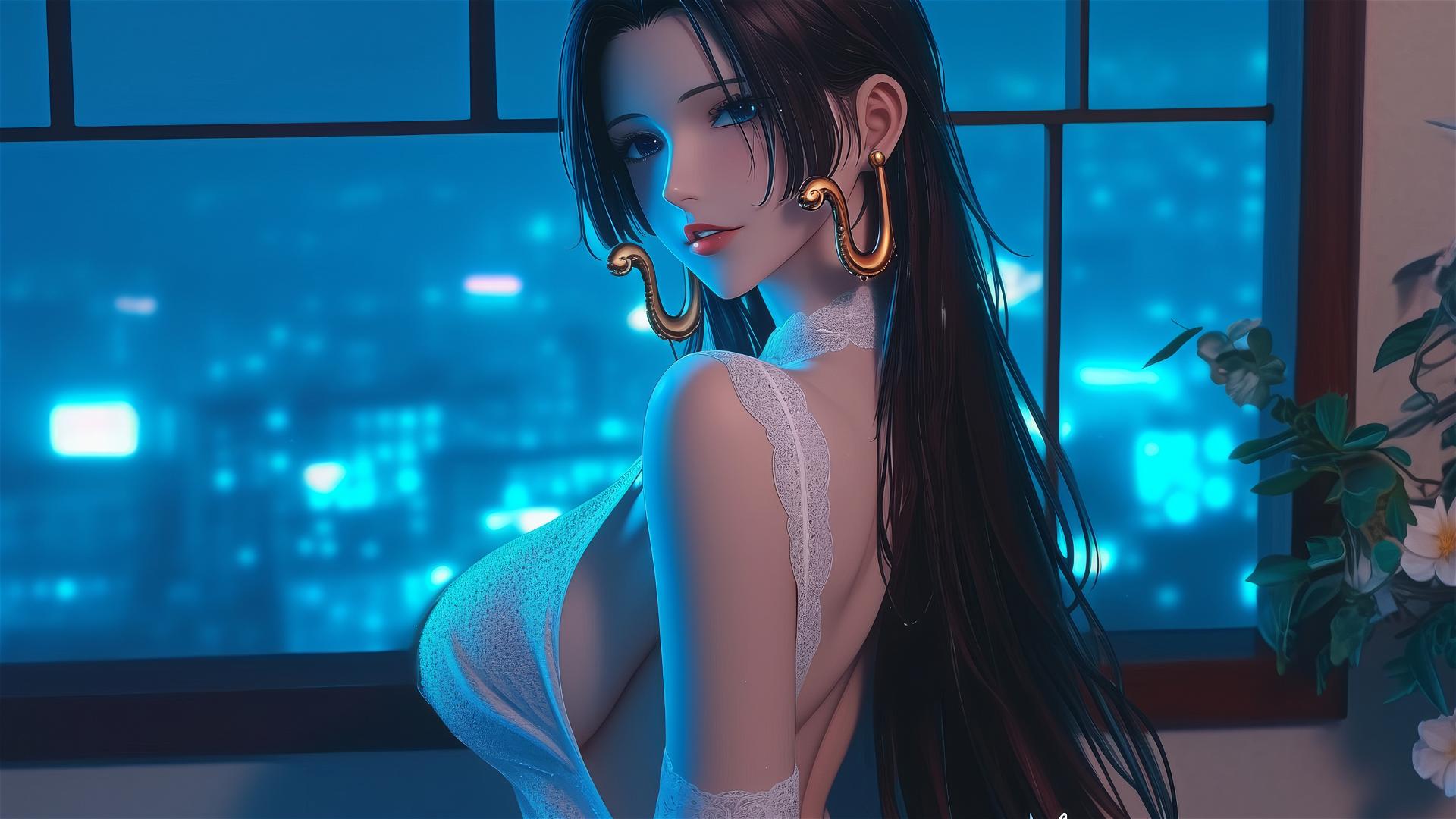 Boa Hancock from One Piece in a modern hotel room with neon light glow