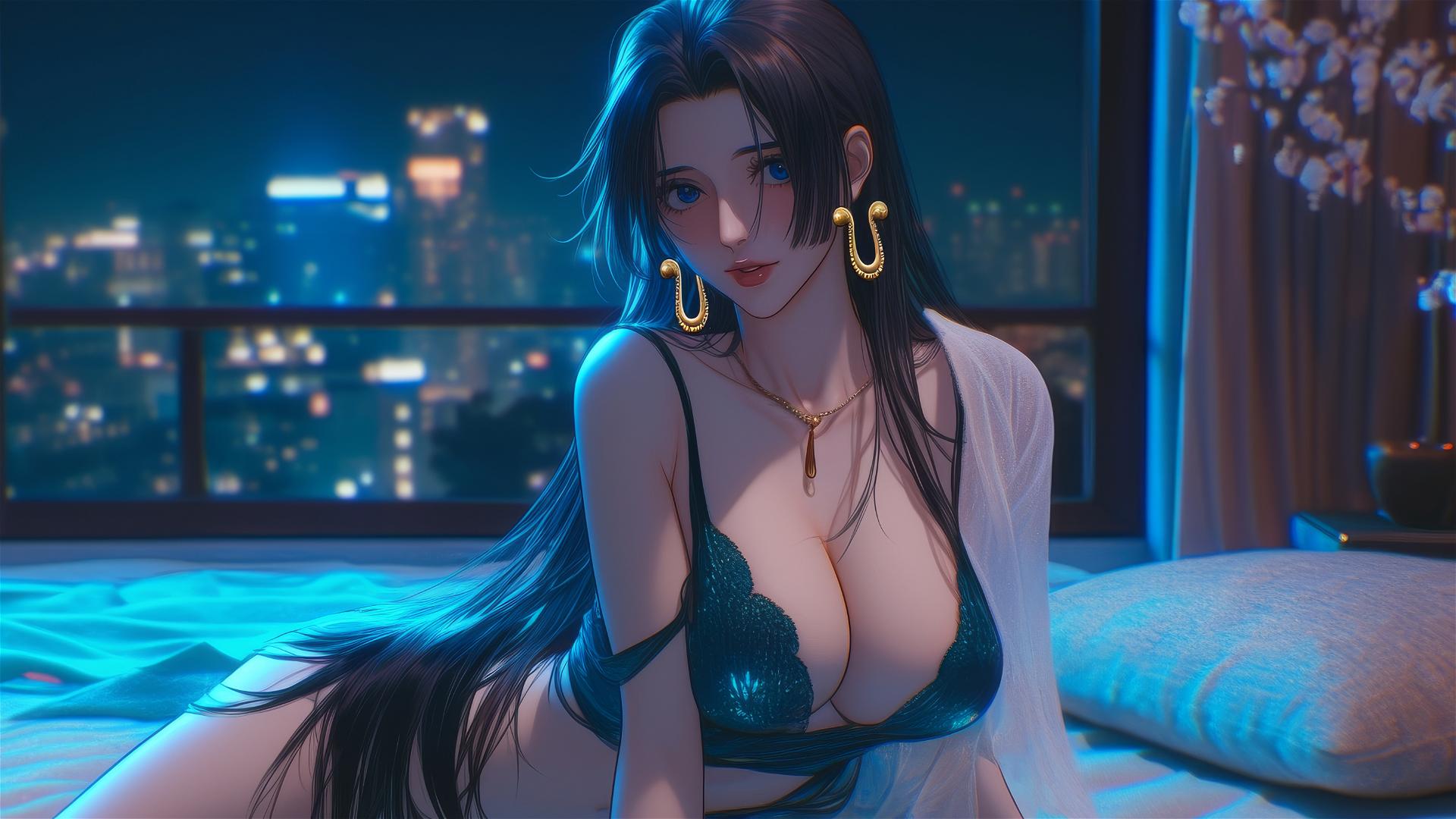 Boa Hancock from One Piece, full body, in a modern hotel room with neon lighting.