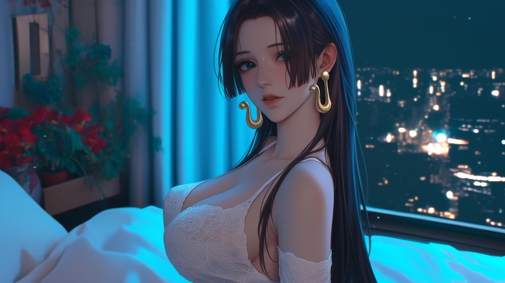 Boa Hancock from One Piece in a modern hotel room, neon-lit glow