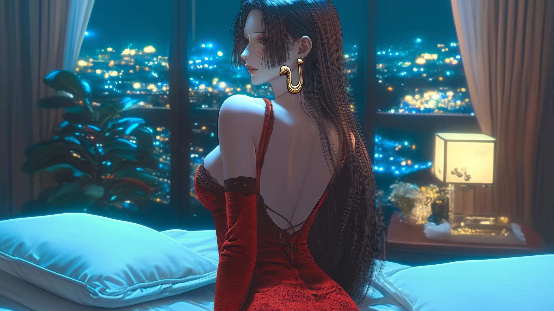 Boa Hancock from One Piece in a red Christmas outfit, glowing in neon light at a modern hotel room.