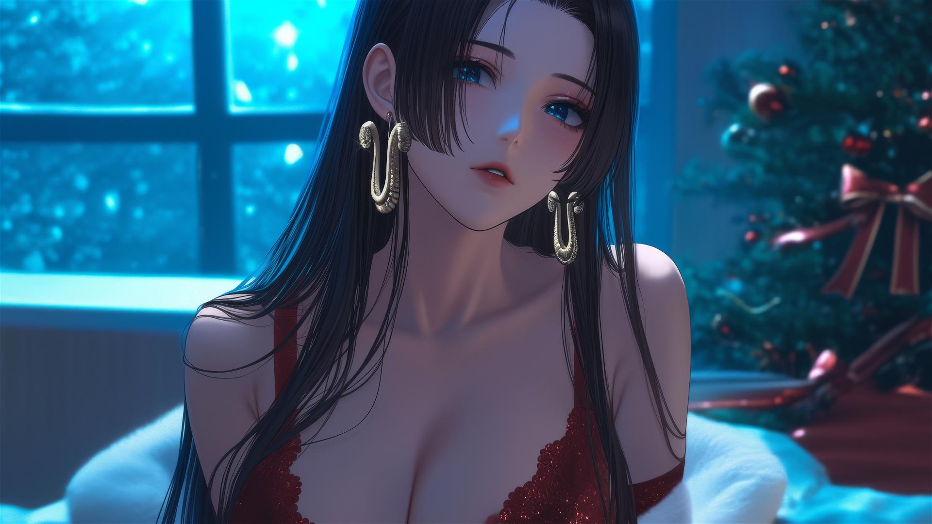 Boa Hancock in red Christmas outfit with neon lights in a modern hotel room