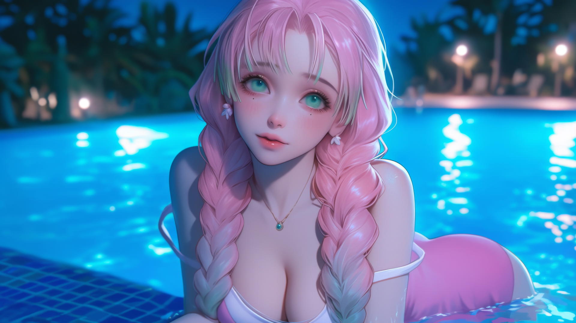 Mitsuri Kanroji from Demon Slayer by a rainy pool, moonlit, in pink dress.