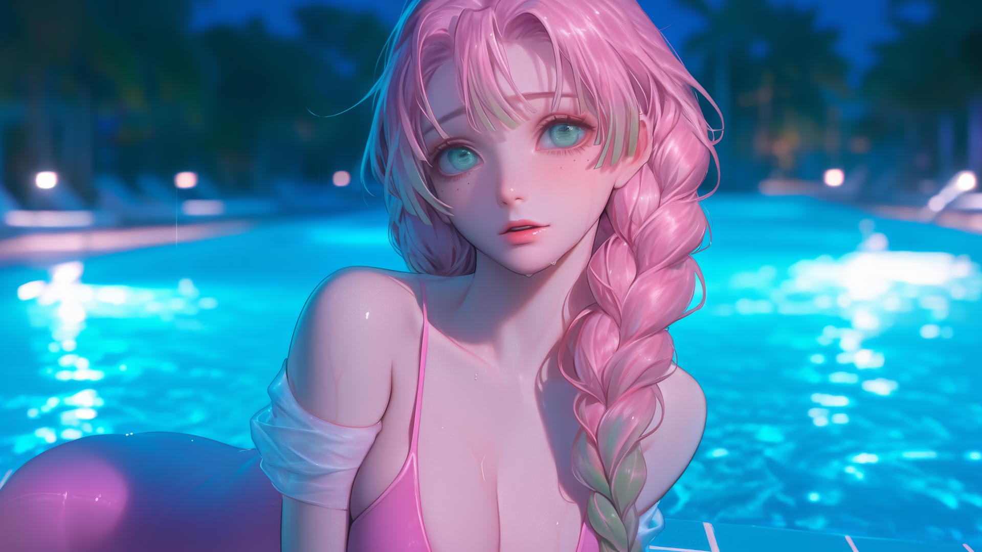 Mitsuri Kanroji from Demon Slayer resting by a rainy pool, under moonlight