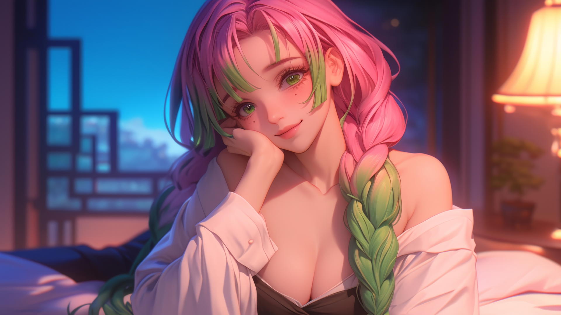 Mitsuri Kanroji resting in a modern hotel room under moonlight