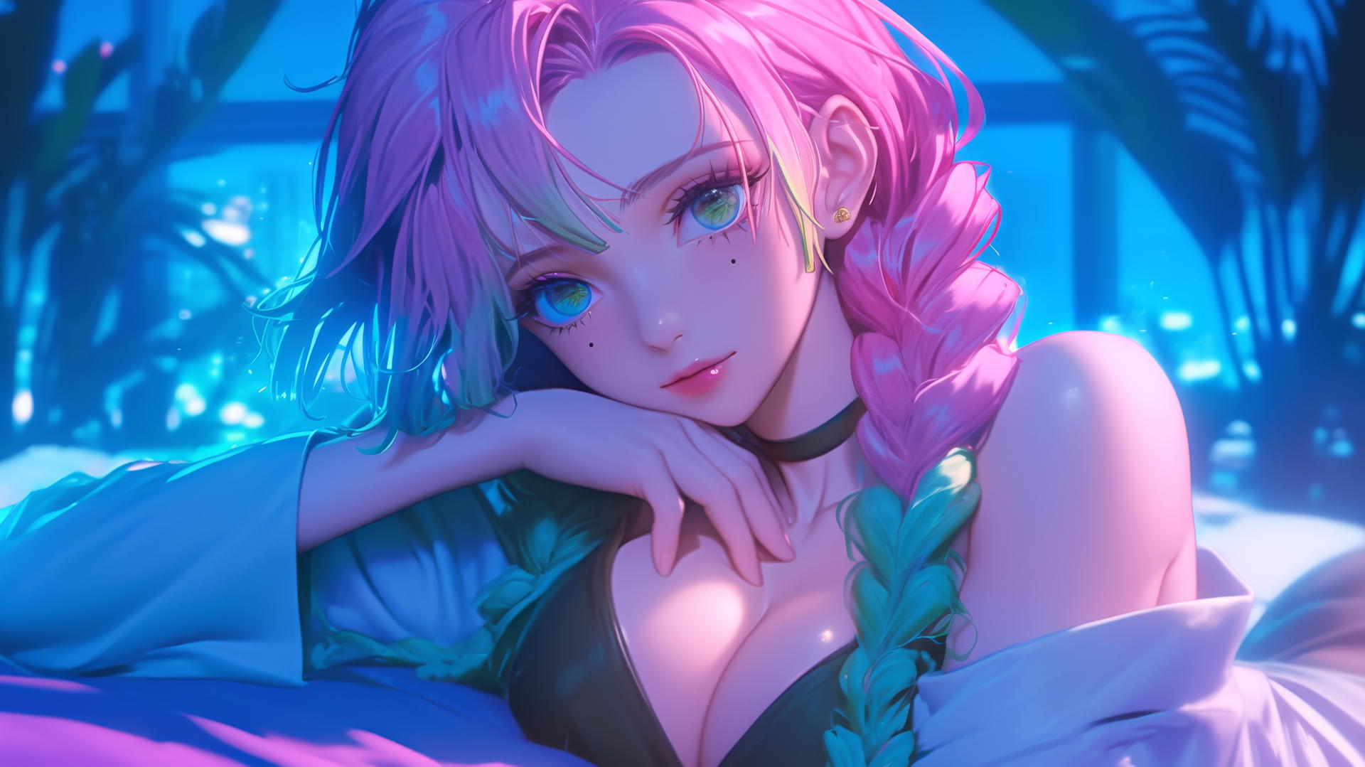 Mitsuri Kanroji from Demon Slayer resting in a modern hotel room with moonlight glow.
